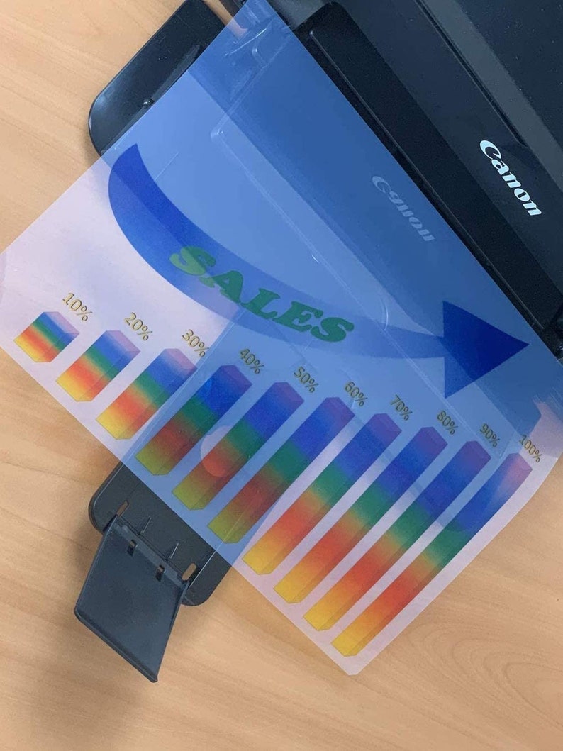 May include: A sales chart with a rainbow gradient bar graph showing percentages from 10% to 100%. The chart is printed on a clear plastic sheet and is being fed into a Canon scanner.