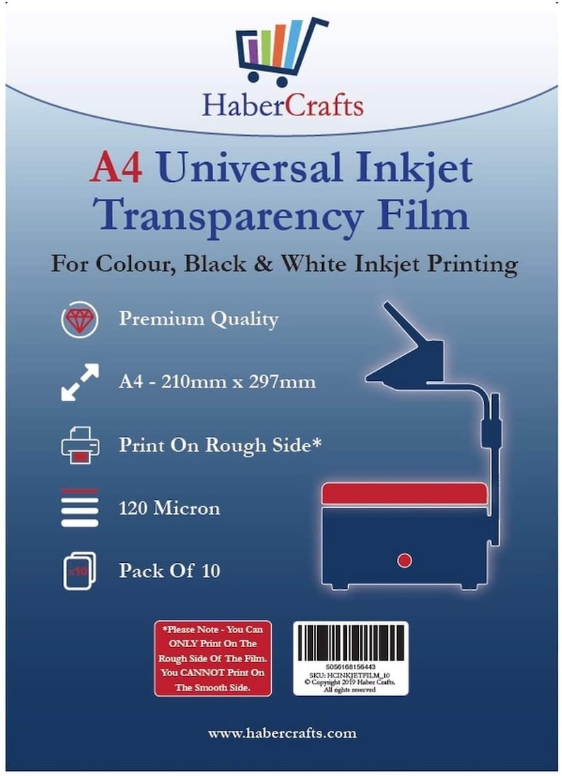 May include: A4 Universal Inkjet Transparency Film, pack of 10 sheets, 120 micron, for color and black and white inkjet printing.  Print on the rough side only.  The film measures 210mm x 297mm.  *Please Note - You Can ONLY Print On The Rough Side Of The Film. You CANNOT Print On The Smooth Side.*