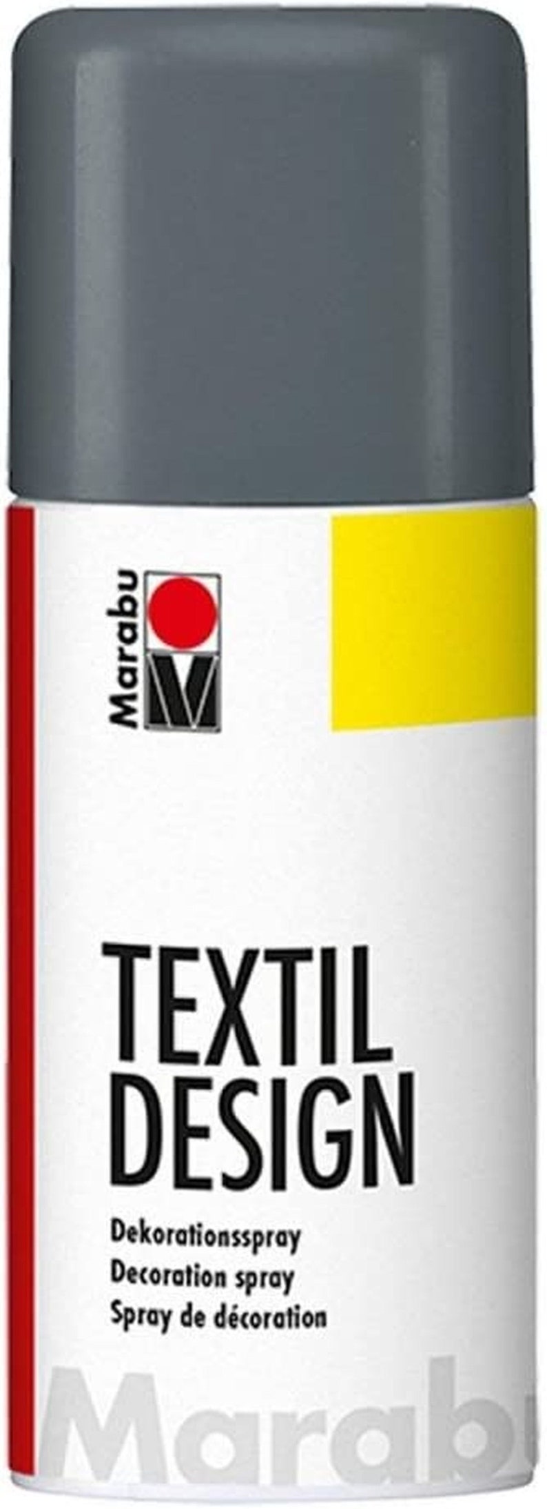 May include: A gray spray paint can with the text "TEXTIL DESIGN" and the words "Dekorationsspray, Decoration spray, Spray de d&eacute;coration" in black. The can has a red and white Marabu logo with a red circle.