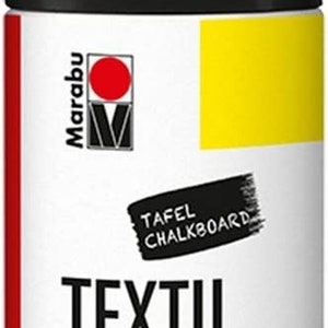 May include: A black spray paint can with a white label. The label says "Marabu Textil Design" and "Decoration spray". There is a yellow rectangle on the label.