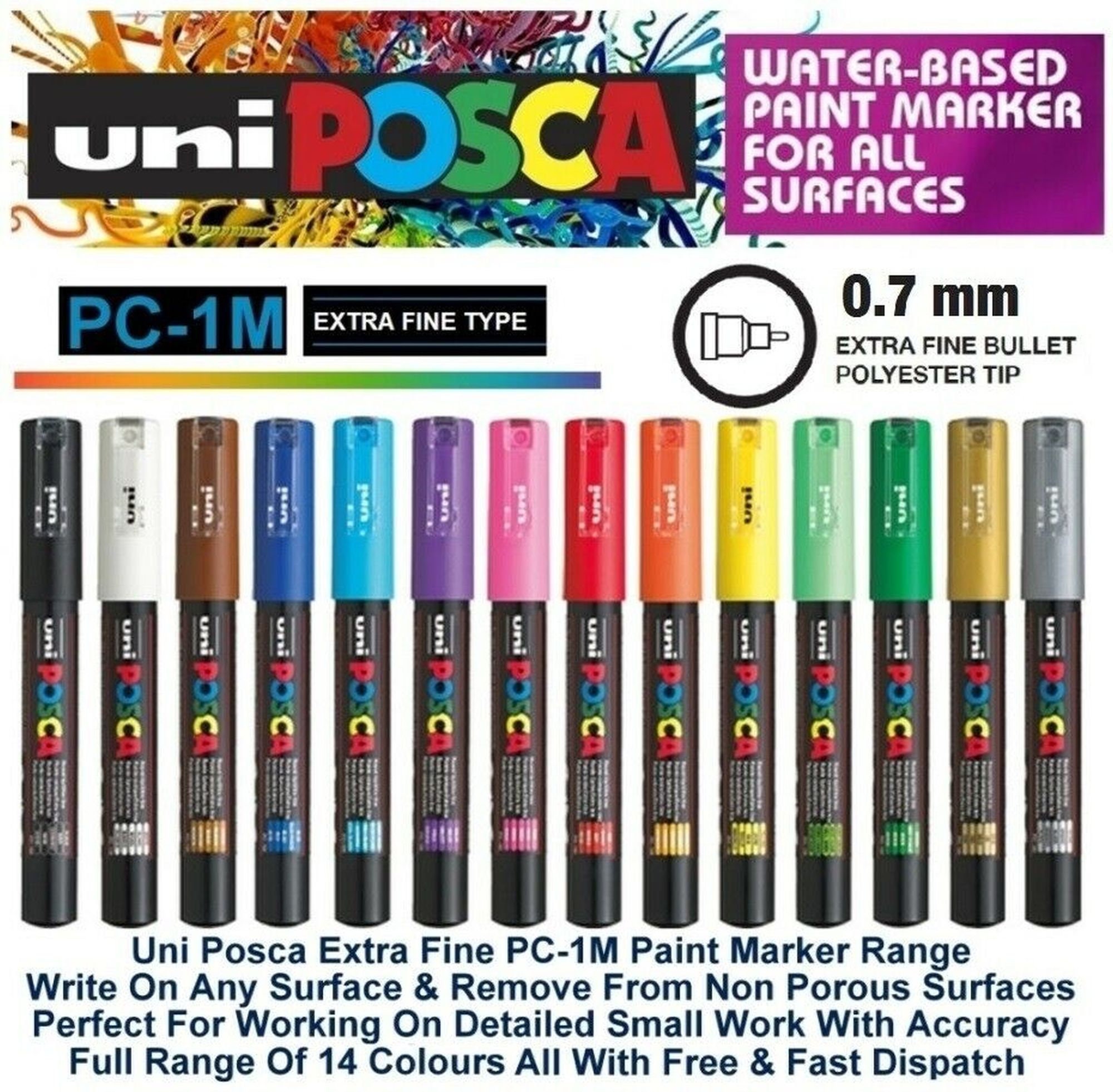 Posca PC-1M Extra Fine Paint Marker Pens 1mm Bullet Tip Nib Writes on Any  Surface Glass Stone Wood Metal Fabric Plastic 