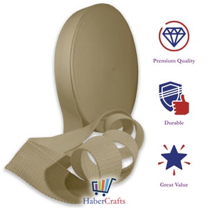 May include: A roll of beige cotton webbing, also known as strapping or tape, is shown in a close-up image. The webbing is rolled up and a portion of it is unrolled, showing the texture of the fabric. The image also includes text that says "Premium Quality", "Durable", and "Great Value".