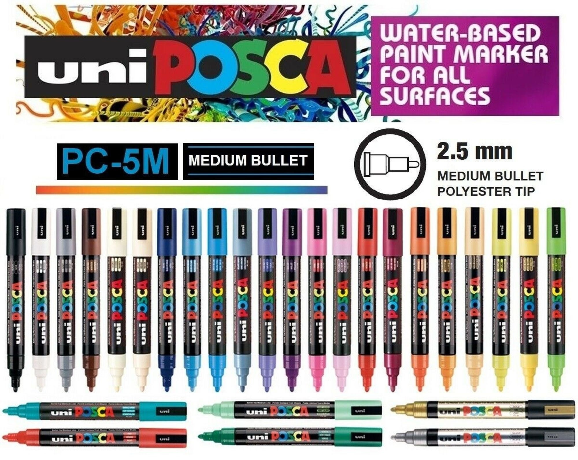 Uni Posca PC-5M Colour Paint Marker Pens 2.5mm Medium Bullet Tip Nib Writes On Any Surface Glass Metal Wood Plastic Fabric