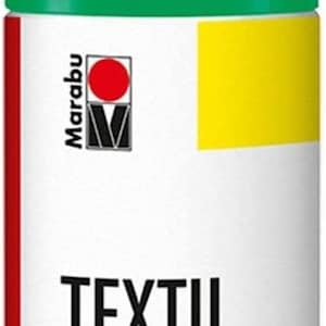 May include: A green spray paint can with the text "TEXTIL DESIGN" and the words "Dekorationsspray, Decoration spray, Spray de d&eacute;coration" in black text. The can has a red and white Marabu logo.