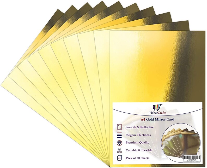 K&ouml;nnte beinhalten: Eine Packung mit 10 Blatt A4 Gold-Spiegelkarton. Der Karton ist glatt und reflektierend, mit einer Dicke von 250 g/m&sup2;. Er ist von Premiumqualit&auml;t, schneidbar und flexibel.