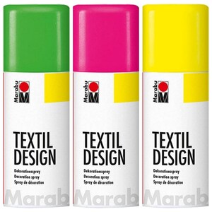 May include: Three spray paint cans for fabric. The cans are labeled "Marabu Textil Design" and are green, pink, and yellow.