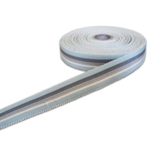 May include: A roll of light blue ribbon with white and grey stripes. The ribbon is 1 inch wide and has a scalloped edge.