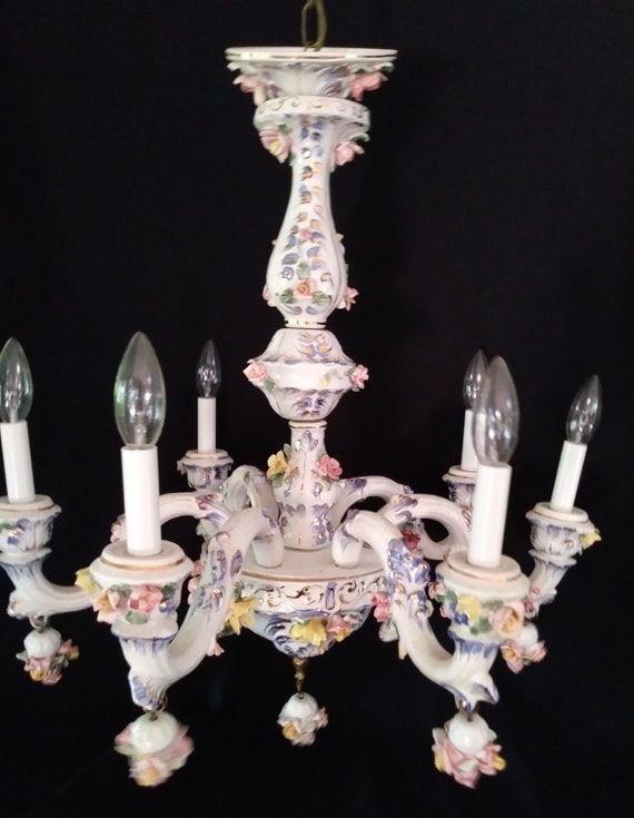 Vintage Capodimonte Italy Porcelain Roses 6 Light Image 0