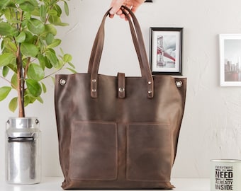 Leather Tote Bag, Leather Tote Bag for Women, Tote Bag with Zipper and Outside Pocket, Leather Purse, Personalized Tote, Monogram Tote