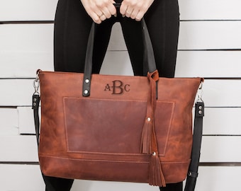 Leather Tote bag for women! With zipper at main compartment! Personalization and Laptop section is optional!