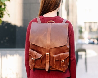 Vegan leather backpack,Vintage laptop bookbag for unisex,Brown vegan leather backpack purse,College school bookbag,Weekend travel daypack