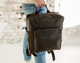 Handgemaakte grote leren rugzak voor heren, duurzame laptoprugzak voor werk, school of reizen