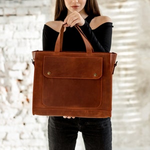 Womens leather computer bag, Computer tote for women, Womens messenger laptop bag, Leather messenger bag image 1