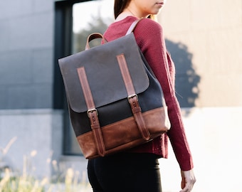 May include: A brown and black leather backpack with two adjustable straps and buckles. The backpack has a flap with a buckle closure.