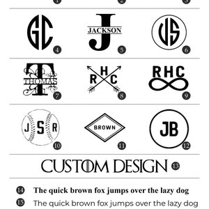 May include: Image showcasing various custom design options. Includes initials, names, and phrases in different fonts and styles. Text reads "Add Personalization" and "Custom Design". The phrase "The quick brown fox jumps over the lazy dog" is repeated.