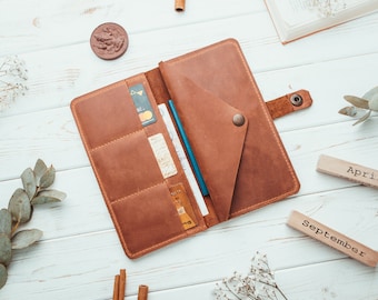 Puede incluir: Una cartera de cuero marrón con múltiples ranuras para tarjetas y un bolsillo grande para efectivo. La cartera está abierta y tiene un bolígrafo azul dentro. La cartera está sobre una superficie de madera blanca con dos bloques de madera que dicen "Abril" y "Septiembre".