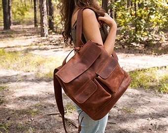 Personalized Leather Backpack with LINEN inside. Optional Laptop Section. Mini and Large backpack sizes! Brown, Black, Blue, Red colors!