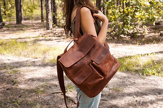 Personalized Leather Backpack with LINEN inside. Optional Laptop Section. Mini and Large backpack sizes! Brown, Black, Blue, Red colors!