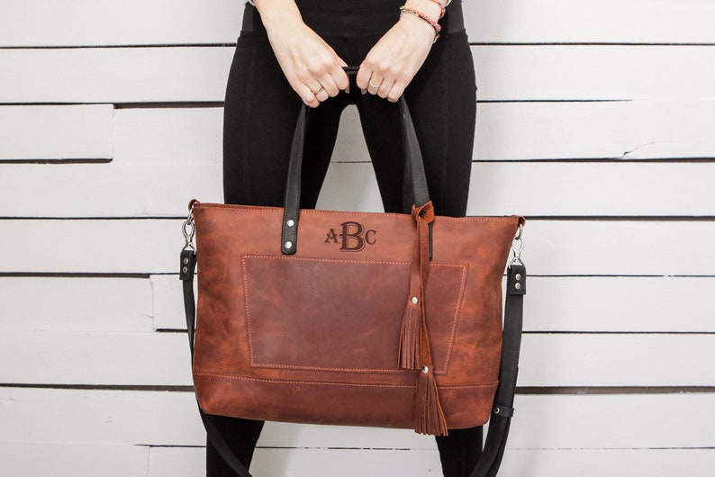 Leather Tote bag for women With zipper at main compartment Personalization and Laptop section is optional image 1