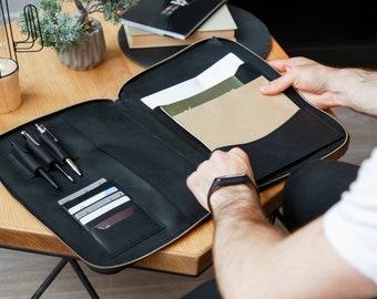 Portafolio de cuero negro, Portafolio de cuero para hombres, Organizador de cuero para iPad, Soporte de documentos de cuero A4, Organizador de viajes, Organizador de cuero
