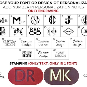 May include: A chart showing 20 different font and design options for personalization. The options include initials, names, and custom designs. The chart also includes two examples of stamped text, one in red and one in black.