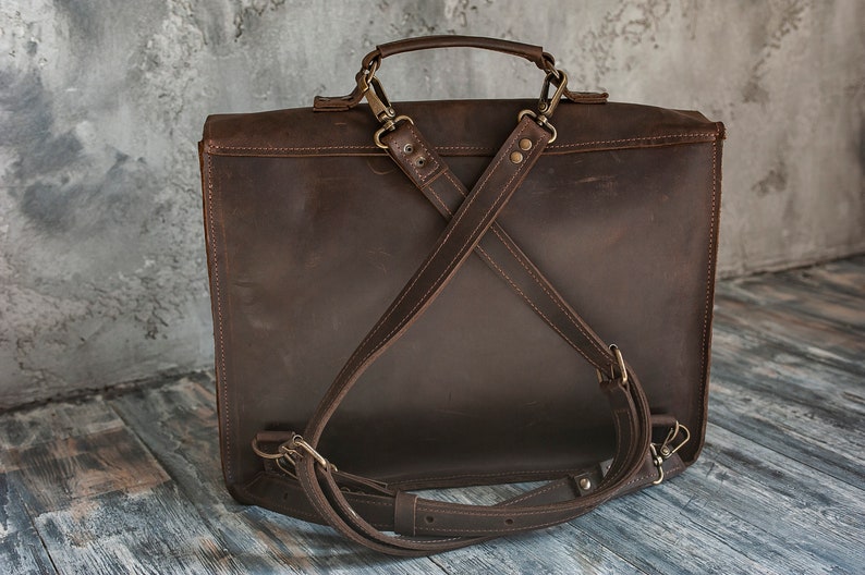 Leather Personalized Briefcase Gift for Dad, Anniversary Gift for husband. Convertible backpack for laptop. Messenger bag or Backpack image 4