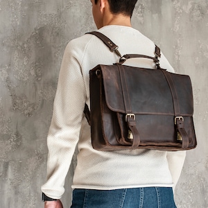 Leather Personalized Briefcase Gift for Dad, Anniversary Gift for husband. Convertible backpack for laptop. Messenger bag or Backpack image 1