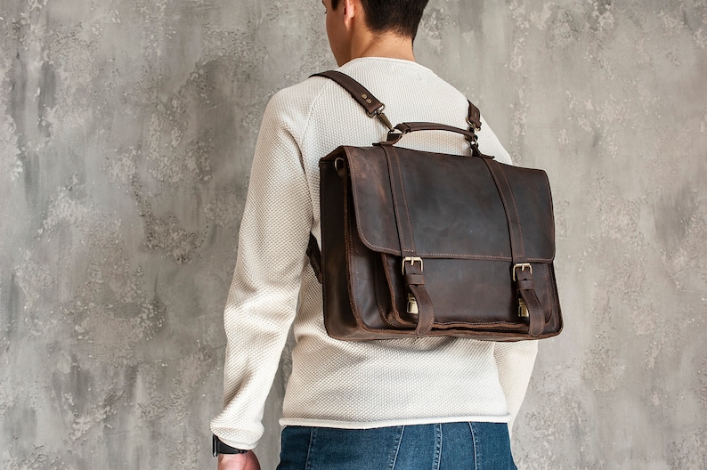 Leather Personalized Briefcase Gift for Dad, Anniversary Gift for husband. Convertible backpack for laptop. Messenger bag or Backpack image 1