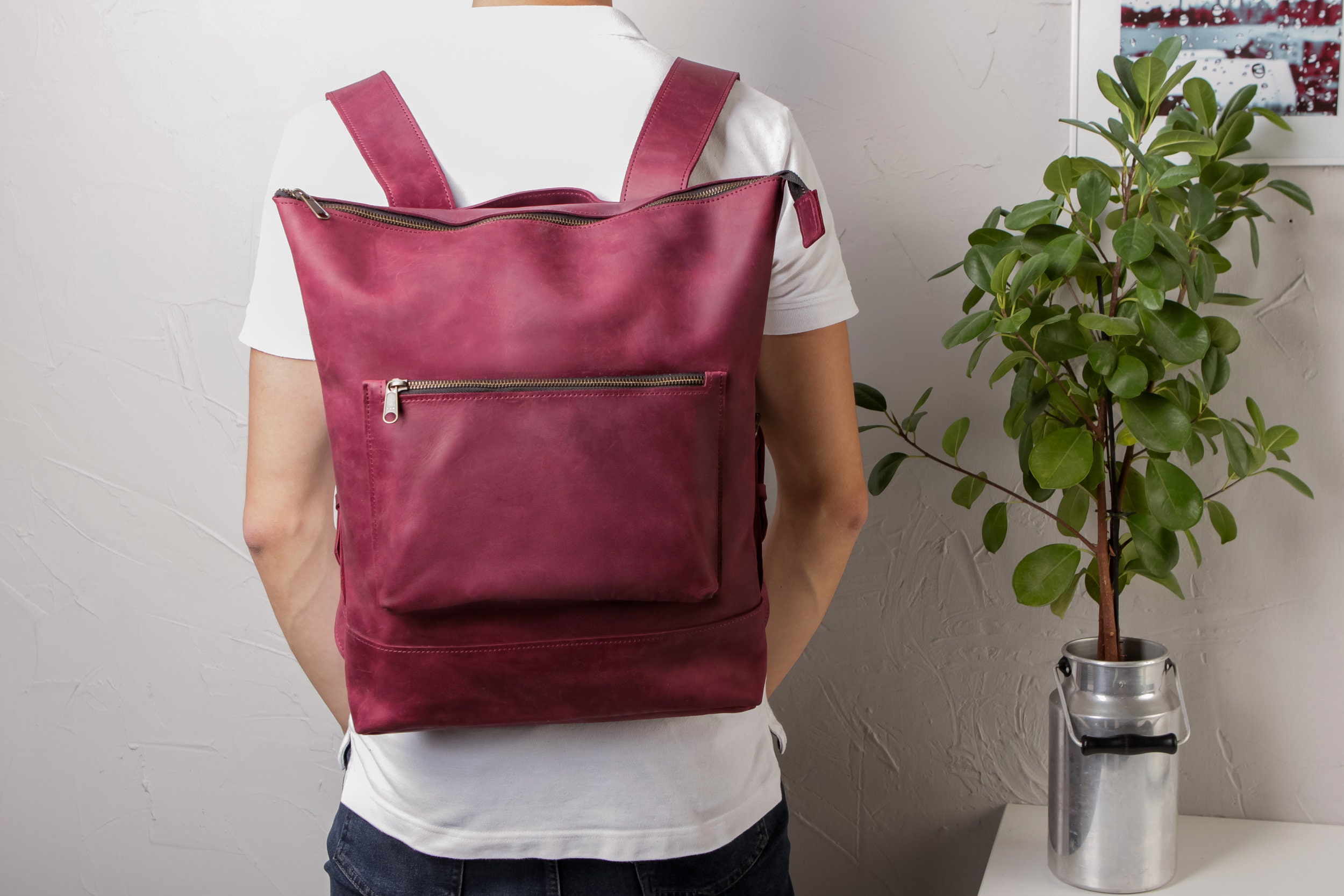 Burgundy Backpack,personalized Backpack,leather Backpack  display picture 2