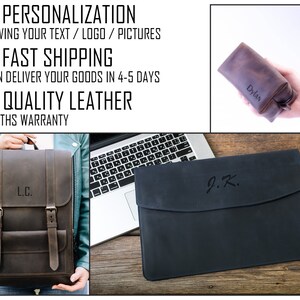 May include: Three leather bags with personalized engravings. The first bag is a brown backpack with the initials "L.C." The second bag is a dark blue laptop sleeve with the initials "J.K." The third bag is a brown pouch with the name "Dylan" engraved on it.