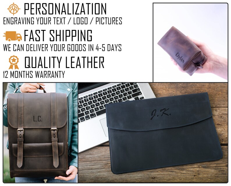 May include: Three leather bags with personalized engravings. The first bag is a brown backpack with the initials "L.C." The second bag is a dark blue laptop sleeve with the initials "J.K." The third bag is a brown pouch with the name "Dylan" engraved on it.