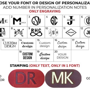 May include: A chart showing 20 different font and design options for personalization. The options include initials, names, and custom designs. The chart also includes two examples of stamped text, one in red and one in black.