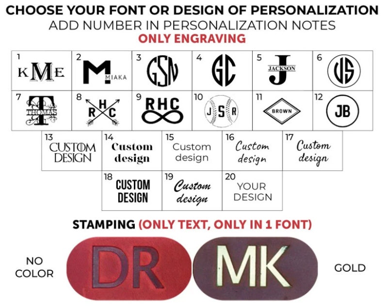 May include: A chart showing 20 different font and design options for personalization. The options include initials, names, and custom designs. The chart also includes two examples of stamped text, one in red and one in black.