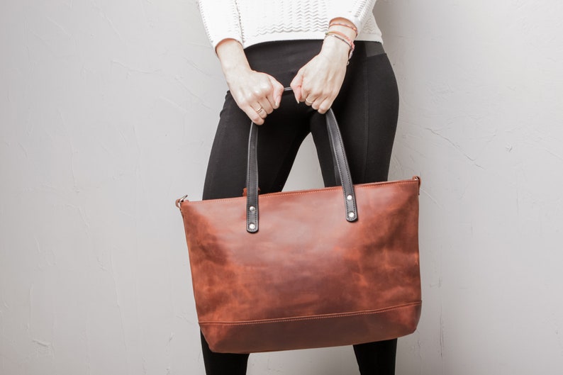 Leather Tote bag for women With zipper at main compartment Personalization and Laptop section is optional image 3