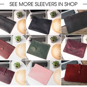 May include: A collection of leather laptop sleeves in various colors, including black, burgundy, green, and pink. Each sleeve is displayed on a white table with a laptop and a small plant. The text "SEE MORE SLEEVERS IN SHOP" is at the top.
