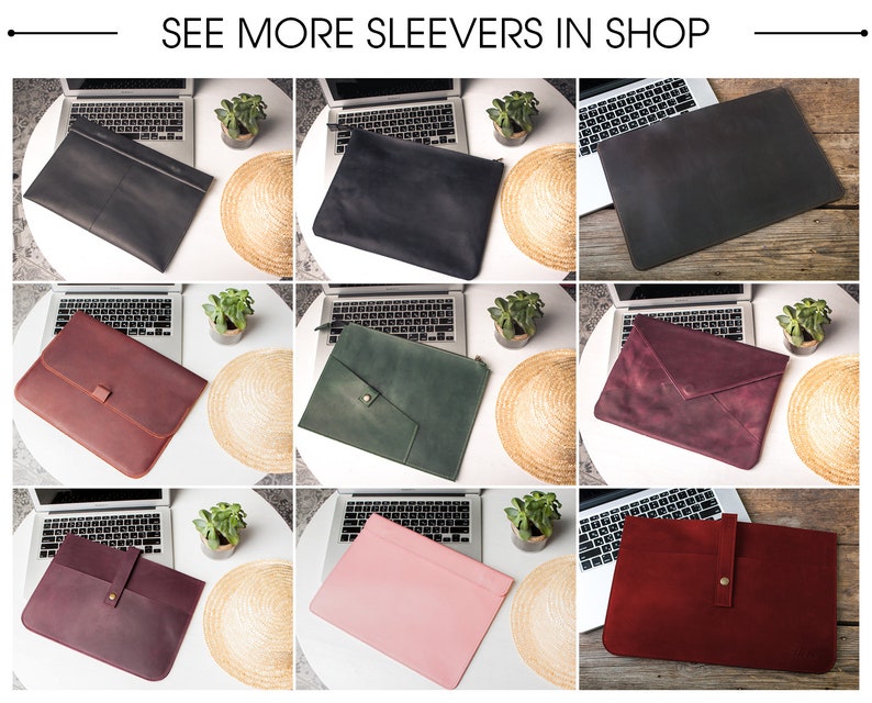 May include: A collection of leather laptop sleeves in various colors, including black, burgundy, green, and pink. Each sleeve is displayed on a white table with a laptop and a small plant. The text "SEE MORE SLEEVERS IN SHOP" is at the top.