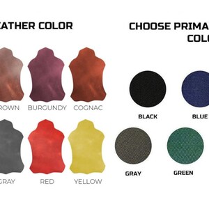 May include: Color chart showing leather and material options for a product. Leather colors include black, blue, brown, burgundy, cognac, green, light blue, gray, red, and yellow. Material colors include black, blue, cognac, gray, green, red, and yellow.