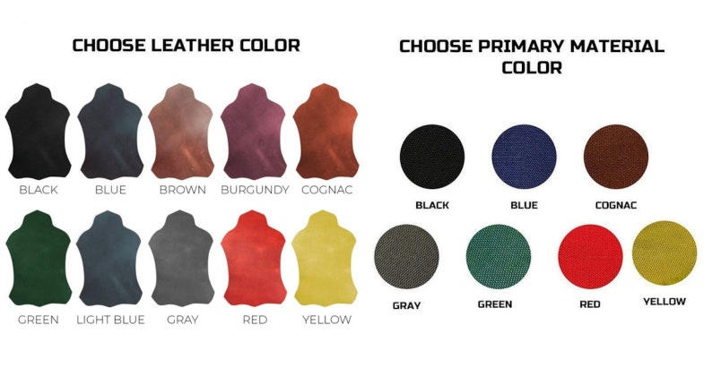 May include: Color chart showing leather and material options for a product. Leather colors include black, blue, brown, burgundy, cognac, green, light blue, gray, red, and yellow. Material colors include black, blue, cognac, gray, green, red, and yellow.