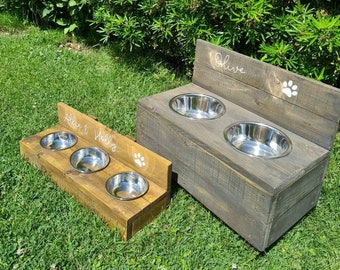 Dog & cat bowl stand. Personalised raised feeding stand for pets' bowls.