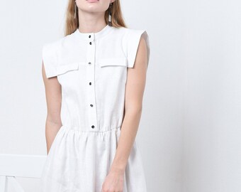 White Linen Midi Dress: Sleeveless Casual Dress with Pockets