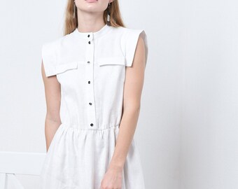 White linen dress | Casual sleeveless dress | Midi linen dress for work