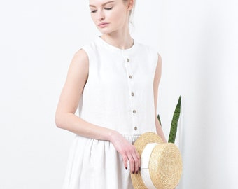 White Linen Dress: Sleeveless Smock Midi Shirt Dress