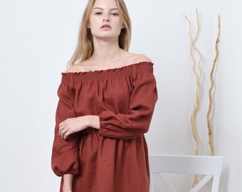 Linen dress | off shoulder dress with sleeves | ruffle hem dress | linen dress with elastic waist