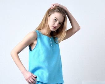 Sleeveless Linen Blouse for women - linen tee top with buttons, Loose linen blouse - henley shirt for women