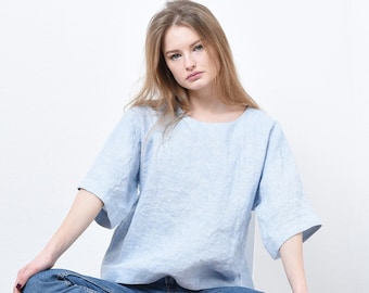 Loose Linen Kimono Top: Wide Sleeve Washed Linen Blouse