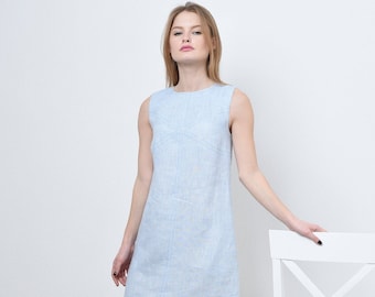 Linen dress for women,  Linen shift dress with double outer stitching,  Linen summer sleeveless dress , Blue linen dress, Casual linen dress