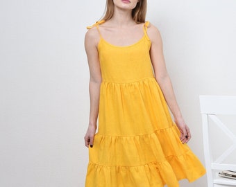 Loose tie strap linen sundress, Linen ruffle dress, Linen summer dress, Yellow dress , Loose linen dress strappy