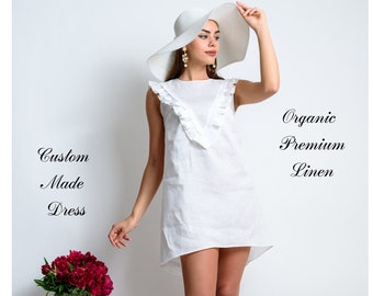 Linen tunic dress for women | Ruffle dress mini | Beach dress - Little white dress