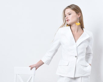 One button linen jacket for women, White fitted blazer one button, White linen jacket, Old money aesthetic