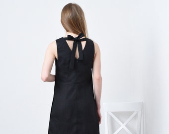 Linen dress for women - little black linen dress with ties. Linen midi dress. Linen dress with pockets. Linen dress black.